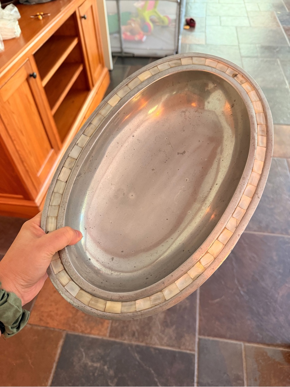vintage Towle Silversmiths oval serving bowl w/ mother of pearl